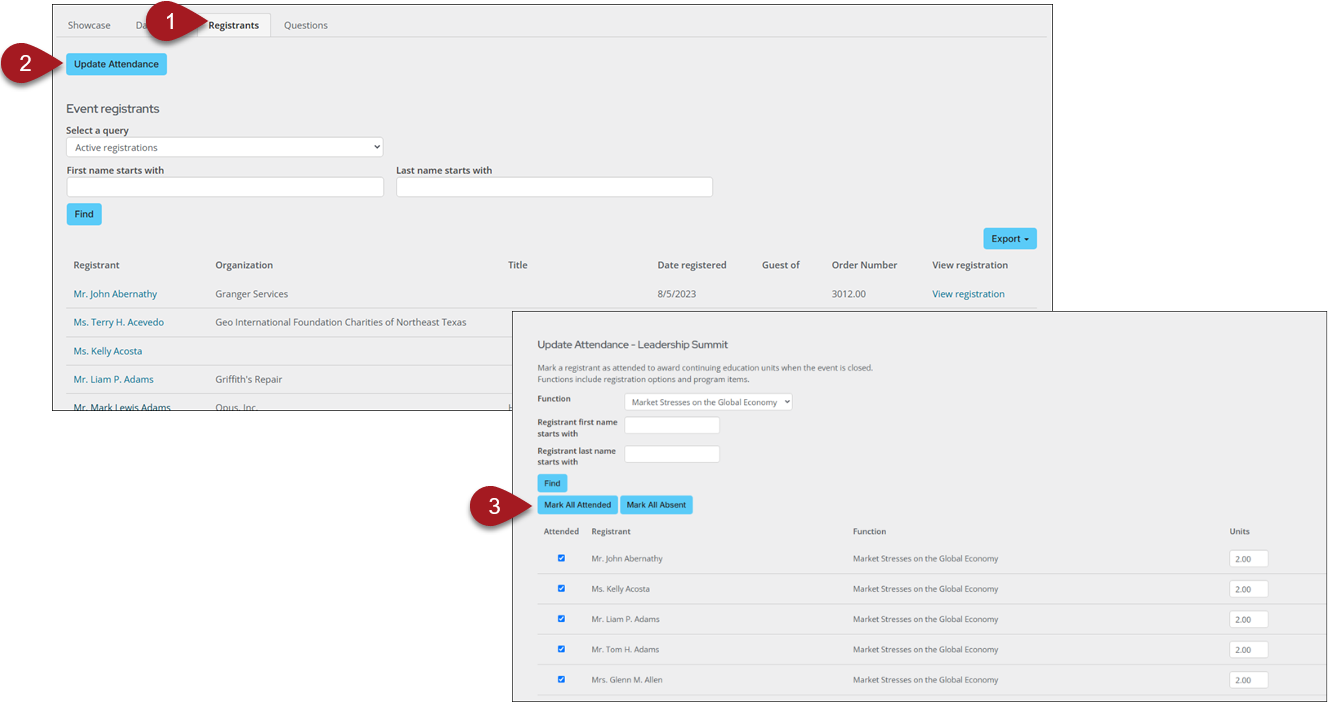 Use the update attendance button to mark a registrant as attended.
